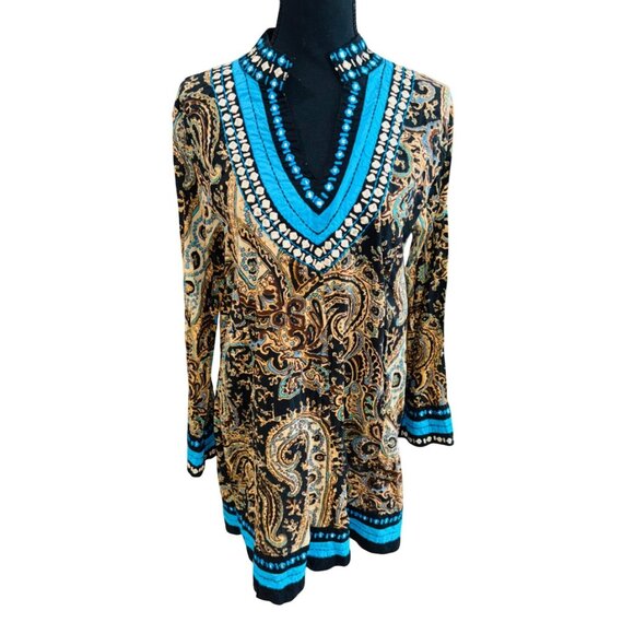 Soft Surroundings Paisley Tunic Dress L Black Blue 100% Cotton Boho Santa Fe - Picture 2 of 10